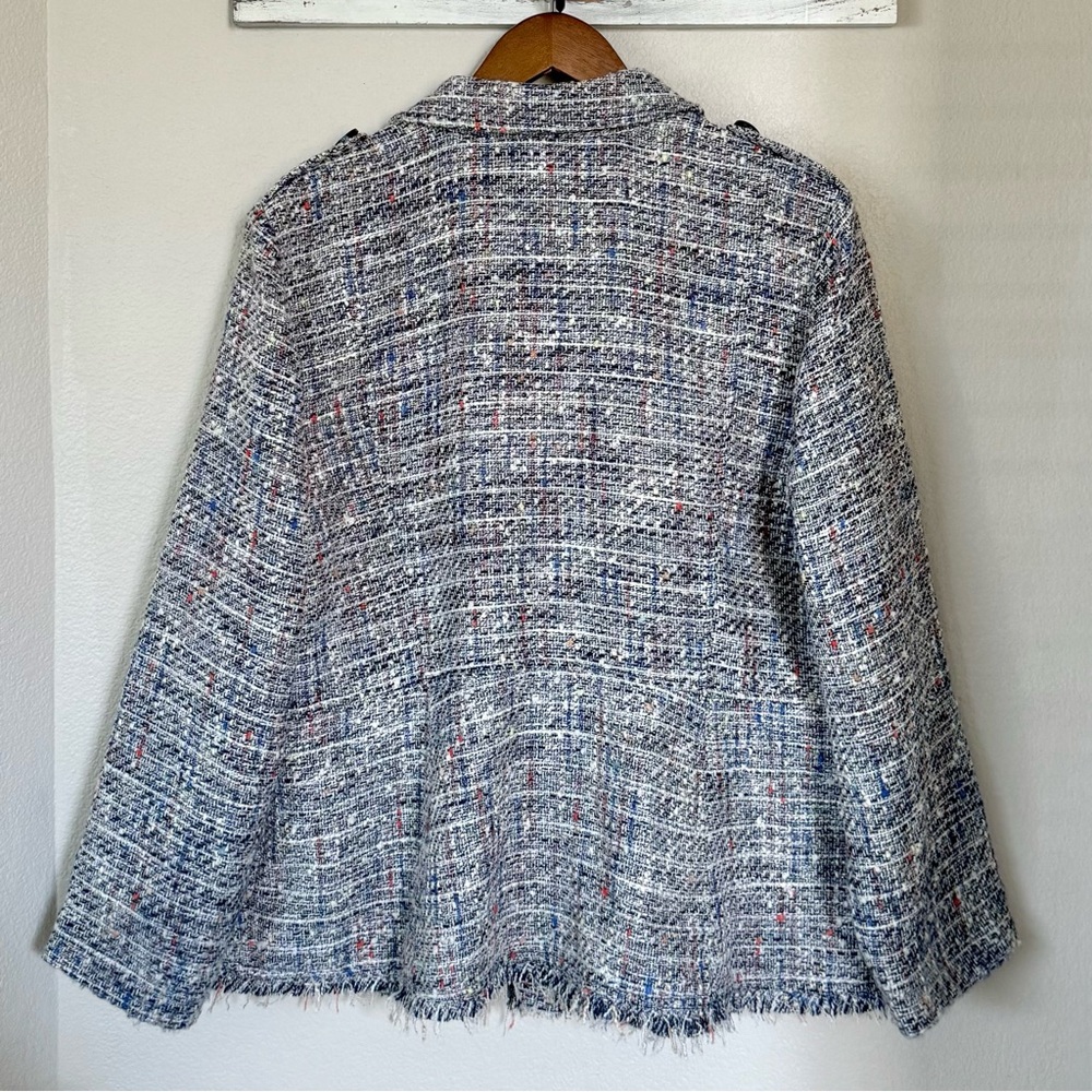 CHICO’S 3 / XL 16 18 Tweed Peplum Fringe Trim Jacket Blazer - Picture 6 of 12